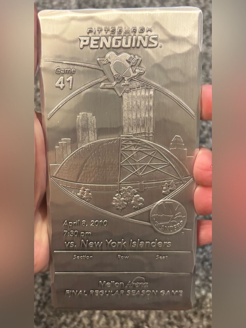 Mellon Arena Wendell August Hammered Metal Pittsburgh Penguins Ticket